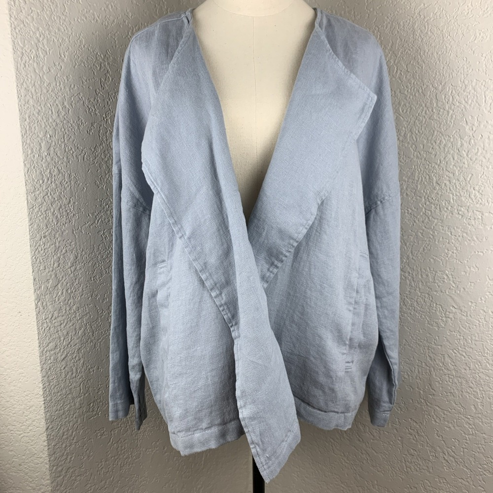 NWOT Eileen Fisher Powder Blue Organic Linen Open Front Blazer Size XL
